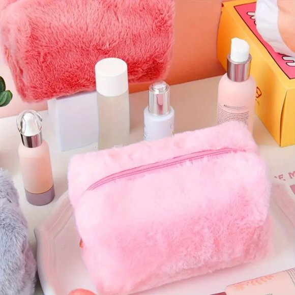 Fuzzy Cosmetic Bag Makeup Travel Organize Clutch Toiletry Pink or White Weekend - Picture 8 of 9